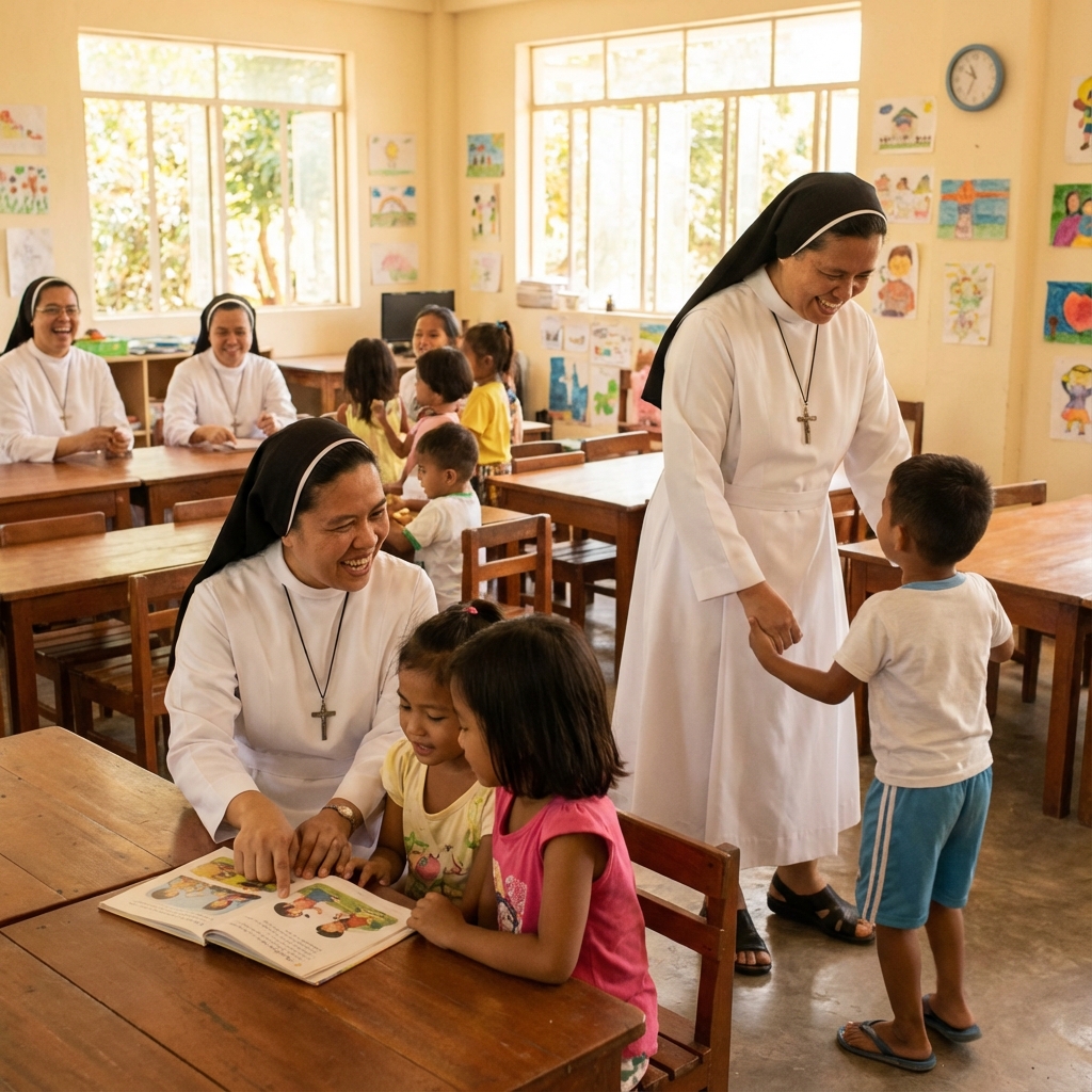 Sisters interacting with children