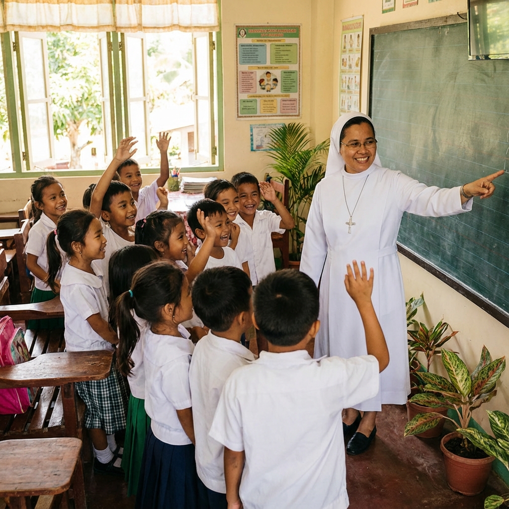 Sister teaching a class of happy children